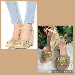 Kate Spade Like New Jaden Gold Sparkle Open Toe Wedge Sandals 9.5